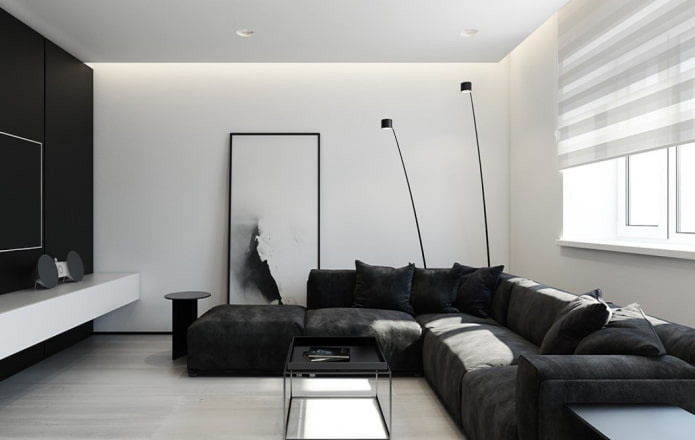 minimalistisk stue i svart og hvitt