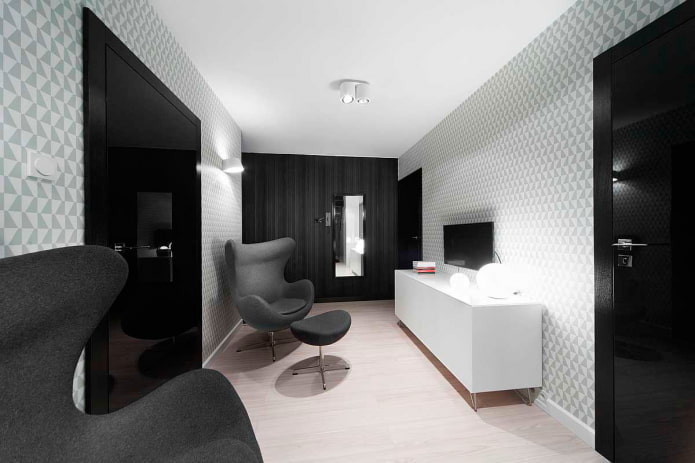design interiéru obývacího pokoje v černé a bílé