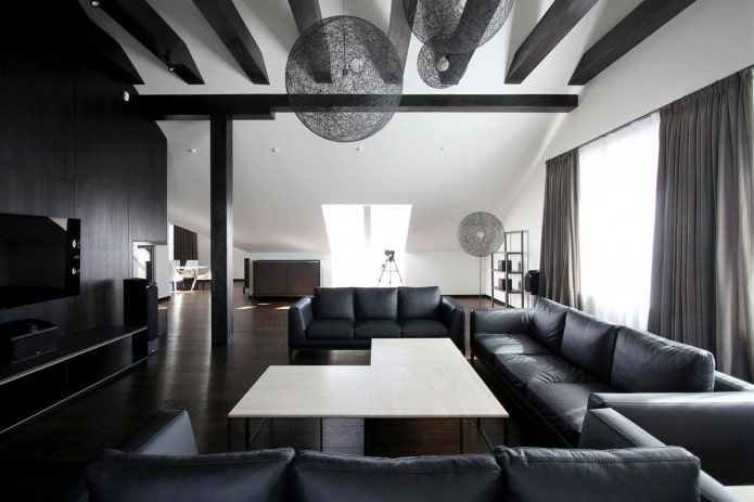 sala de estar de estilo loft en blanco y negro