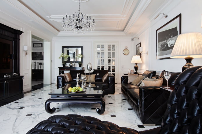 ruang tamu hitam dan putih dalam gaya neoklasik