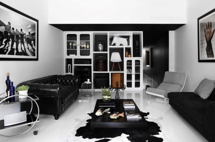 interior da sala de estar preto e branco