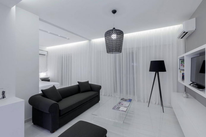 интериорен дизайн на хола в черно и бяло