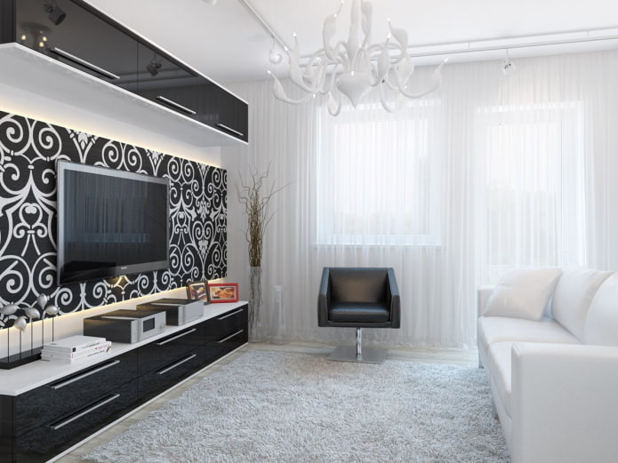 interiérový dizajn obývacej izby v čiernej a bielej farbe