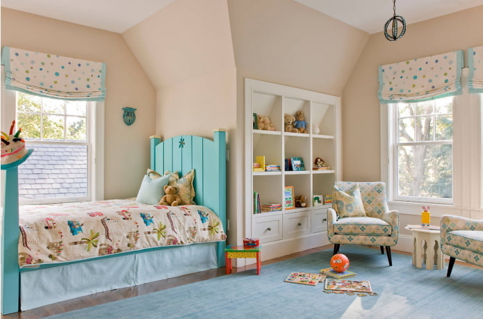 béžově modrý interiér dětského pokoje
