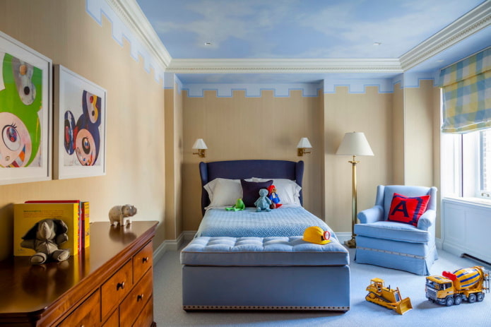 smilškrāsas-zils bērnu istabas interjers