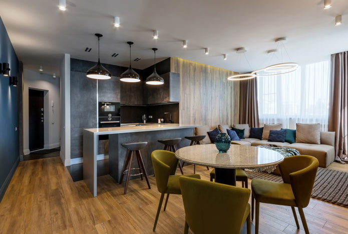 design interiéru kuchyně s obývacím pokojem a jídelnou
