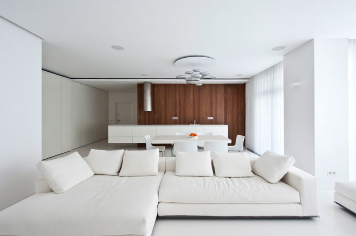 design de interiores de cozinha com sala de estar e sala de jantar