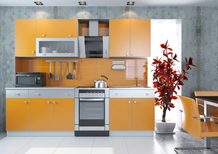 interno cucina nei toni del grigio-arancio