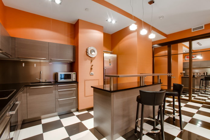 interior de cocina naranja y marrón