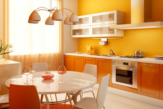wallpaper in the interior of the kitchen in orange tones