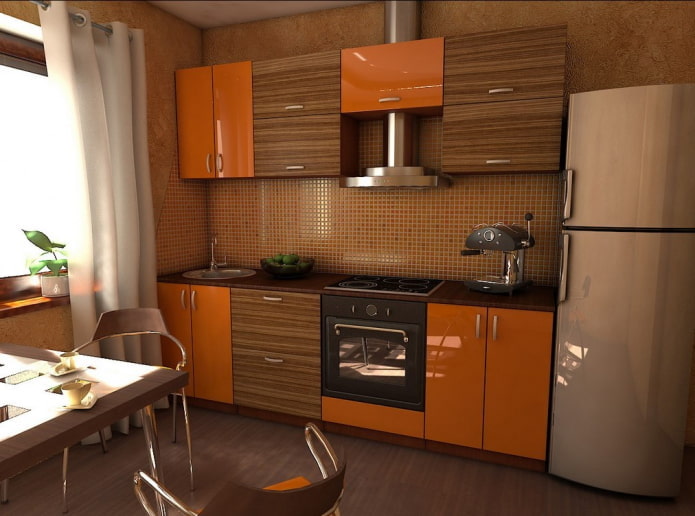 oransje og brunt kjøkkeninnredning