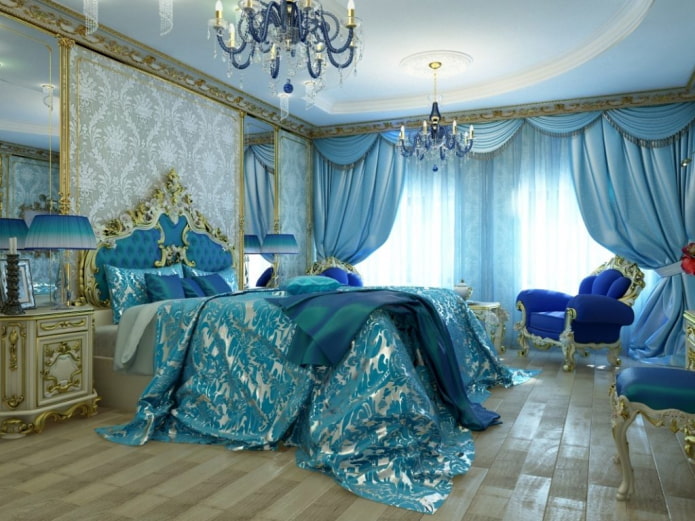 miegamojo interjeras aukso ir mėlynos spalvos