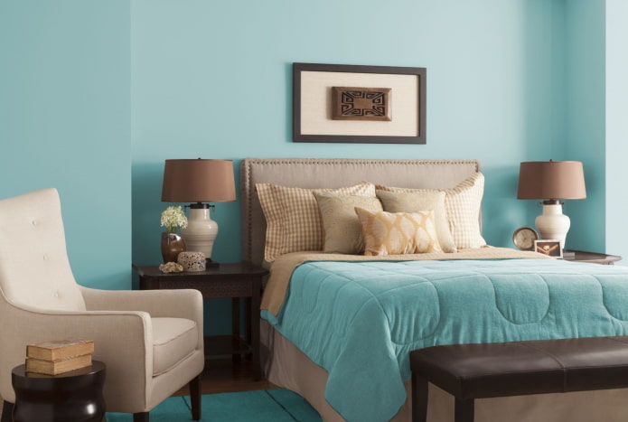 interior de dormitorio beige y azul