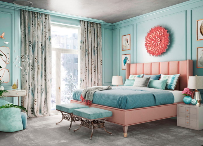 nội thất phòng ngủ màu hồng và màu xanh
