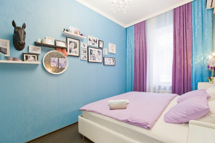 lila plava unutrašnjost spavaće sobe
