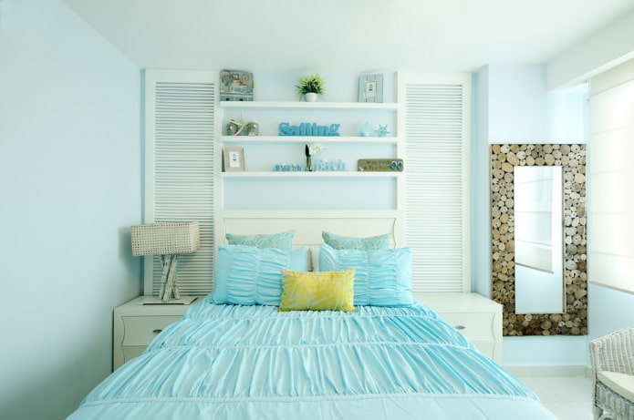 Tekstil ve dekor mavi yatak odası iç