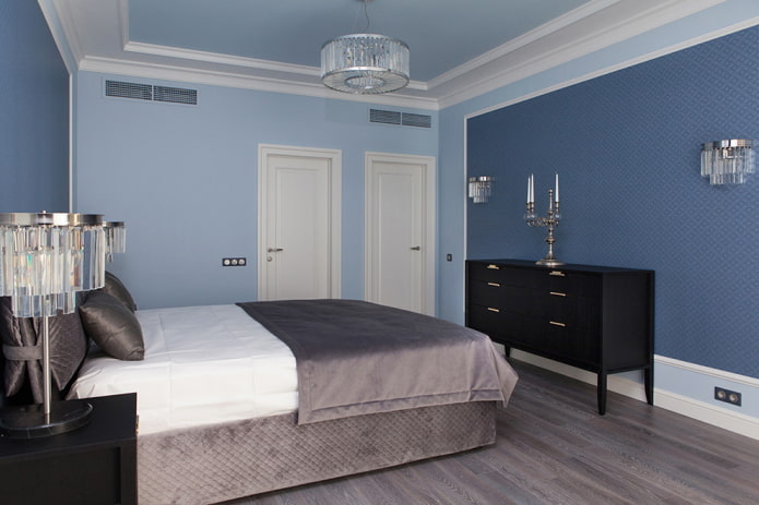 blå blå soveværelse interiør