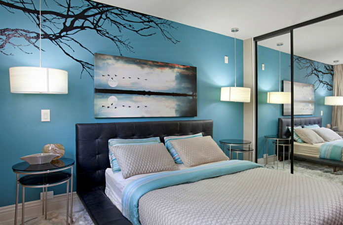 interno camera da letto blu in stile moderno