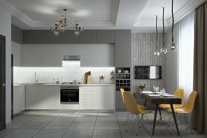 møbler og apparater i det indre af køkkenet i grå toner