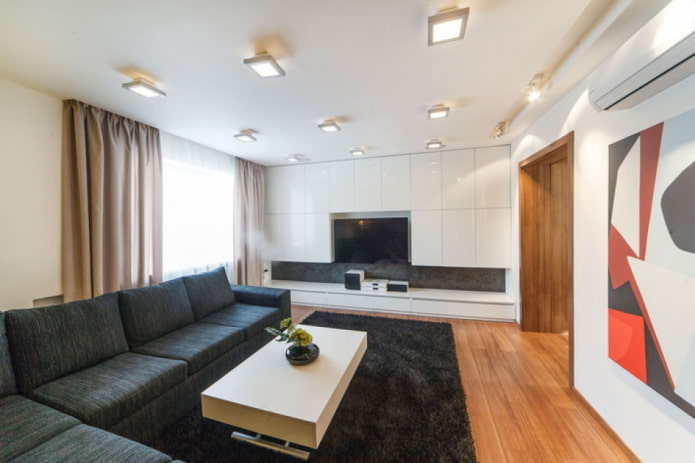 minimalista dekoráció és világítás a nappaliban