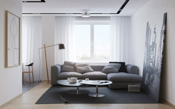 minimalistisk indretning og belysning i stuen