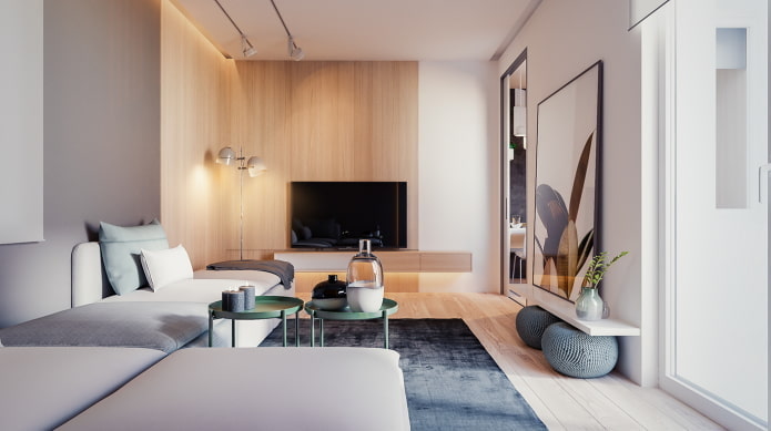 minimalistinis dekoras ir apšvietimas gyvenamajame kambaryje