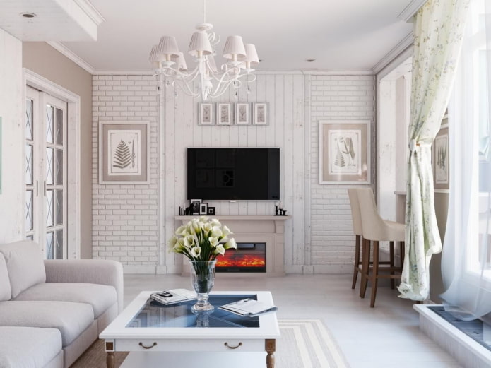 bílý obývací pokoj ve stylu provence