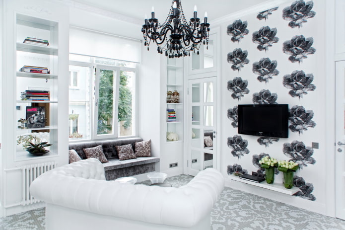 balta dzīvojamās istabas dekorēšana