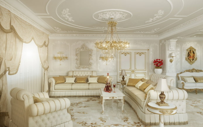 klasiskā stila balta viesistaba