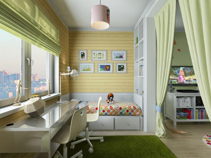 bērnistabas zonālais sadalījums dzīvojamās istabas interjerā