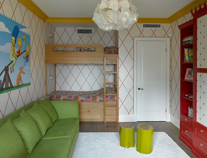 wnętrze małego salonu połączone z pokojem dziecinnym