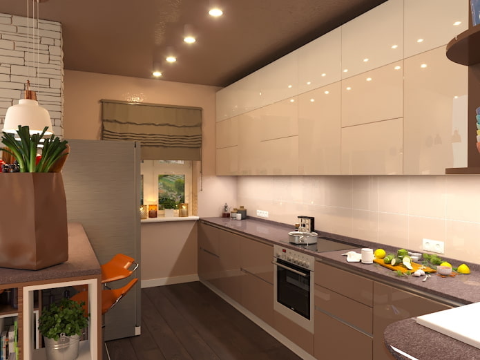 the interior of the kitchen in beige and brown tones