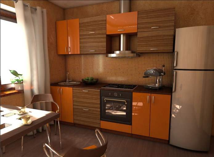 interno cucina marrone con accenti luminosi