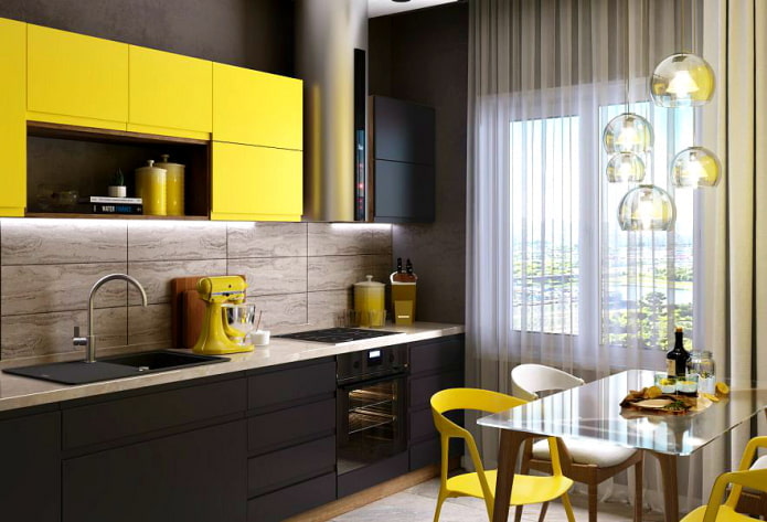 melns un dzeltens virtuves interjers