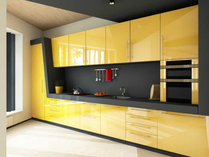 crna i žuta unutrašnjost kuhinje