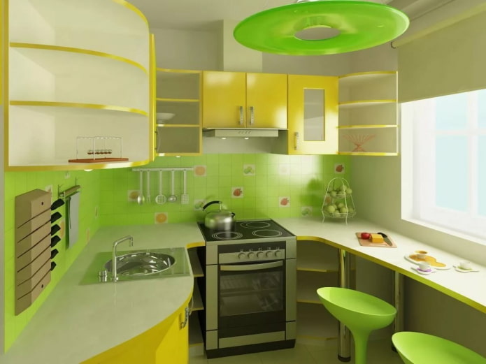 geltonai žalios spalvos virtuvės interjeras