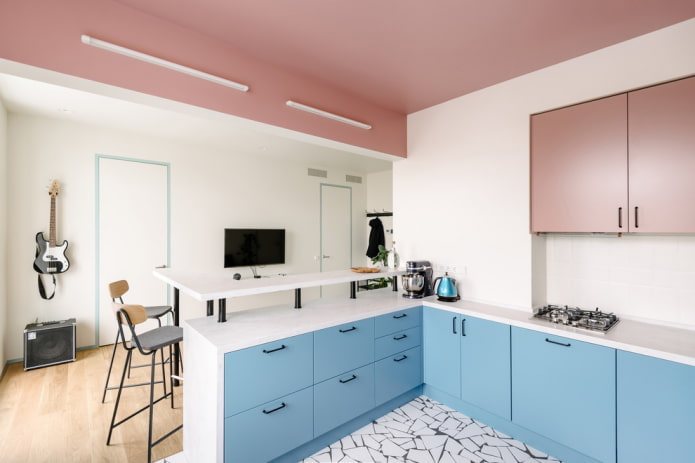 pink and blue kitchen interior