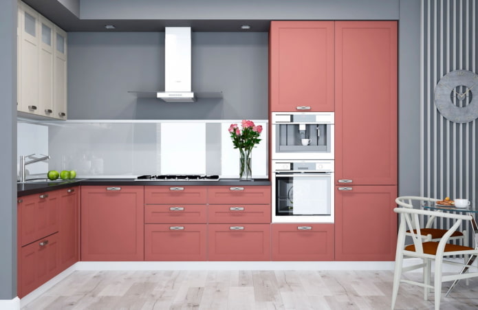 interior de cocina rosa y gris