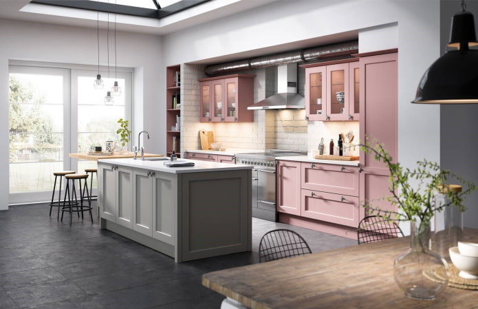 interior de cocina rosa y gris