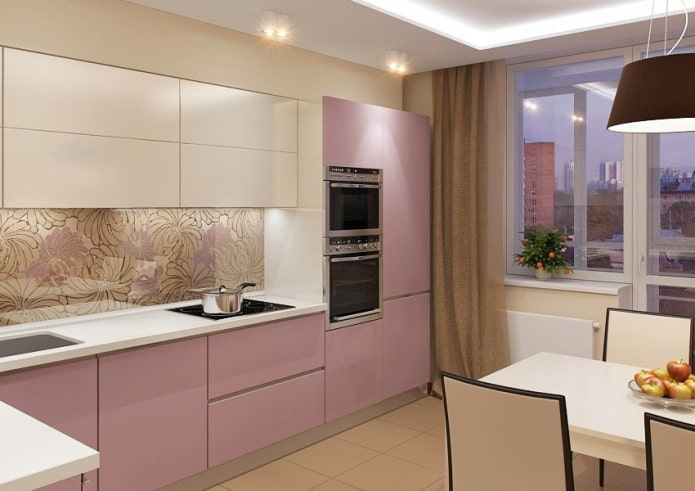 the interior of the kitchen in beige and pink colors