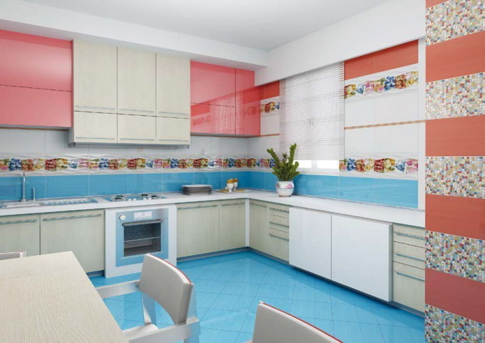 interior da cozinha rosa e azul