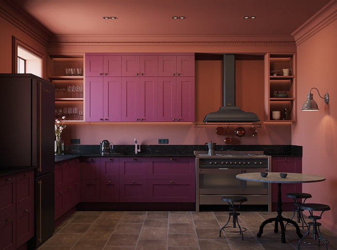 różowe i fioletowe wnętrze kuchni