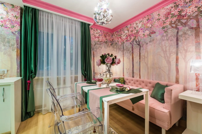 záclony v interiéri kuchyne v ružových farbách
