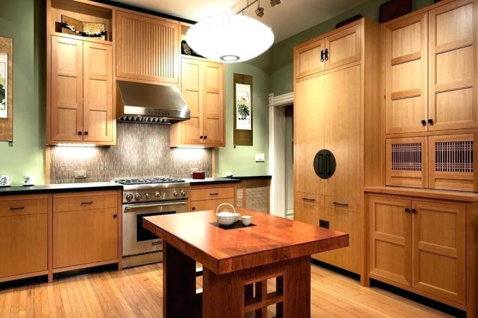 Muebles y electrodomésticos en el interior de la cocina en estilo japonés.