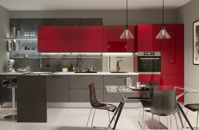pilkos-raudonos spalvos virtuvės interjeras