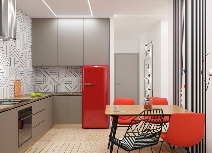 nội thất nhà bếp với điểm nhấn màu đỏ