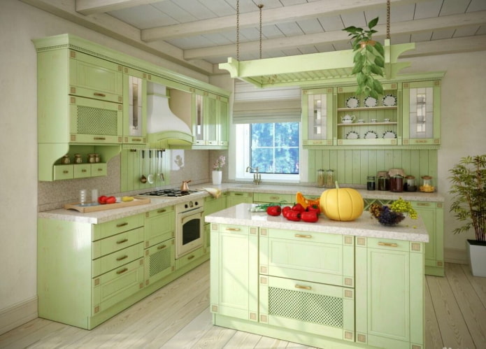 Provanso stilius žaliosios virtuvės interjere