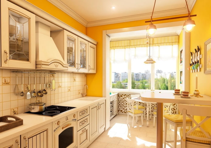 Provence style in the interior of the yellow kitchen