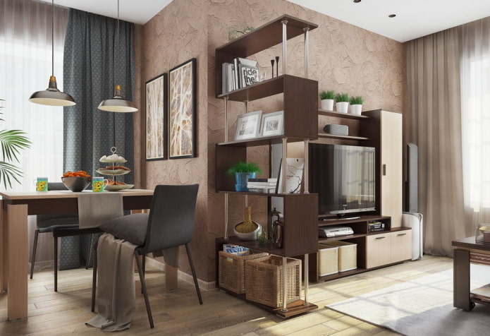 zoning with a rack in the interior of the kitchen-living room