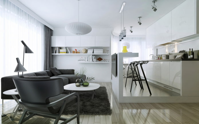 zoning with multilevel structures in the interior of the kitchen-living room